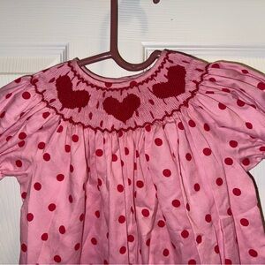 Be Mine 2T Smocked Pink,  Red And White Polka-dot Heart Dress.  Bishop Style.